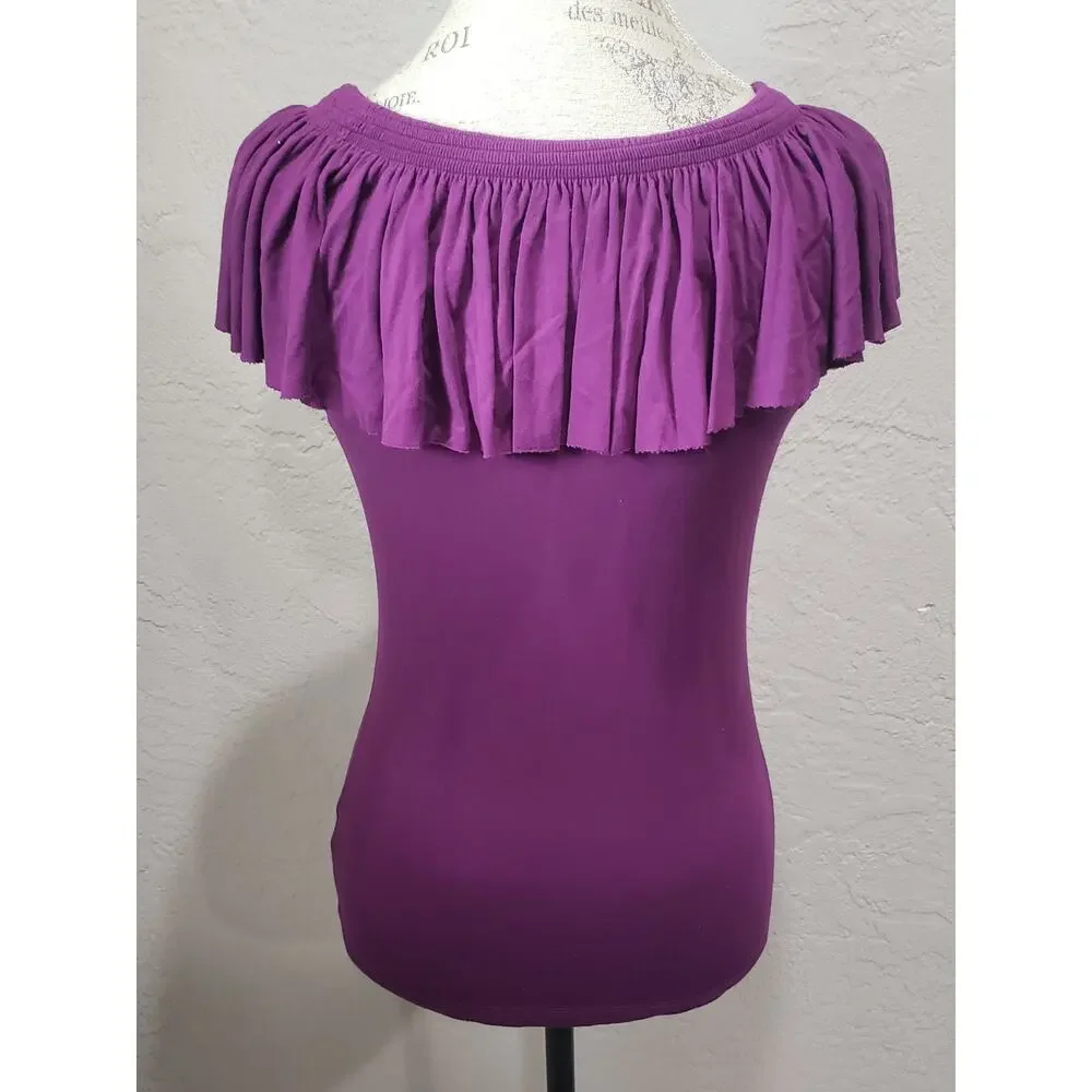 Michael Kors Purple Ruffled Shaw Short Sleeve Blouse Crew Neck Shirt
